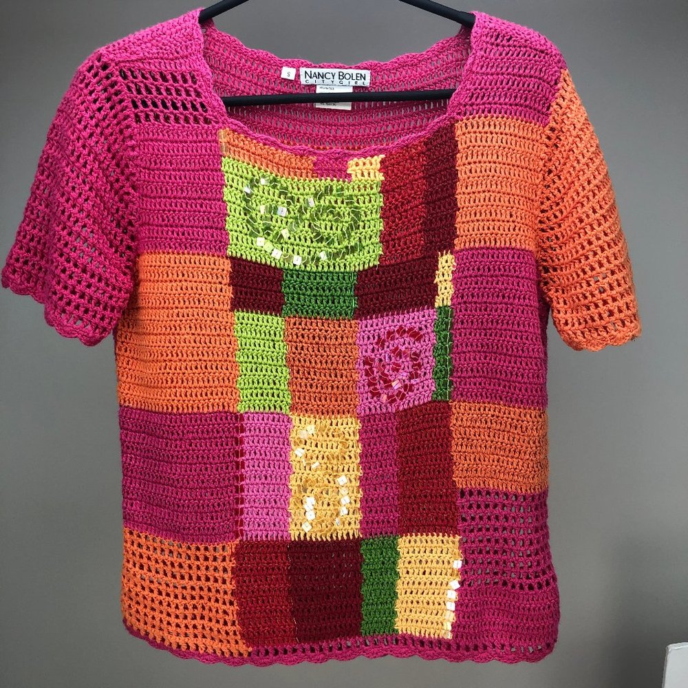 NANCY BOLEN short sleeve woven sweater top - SZ S